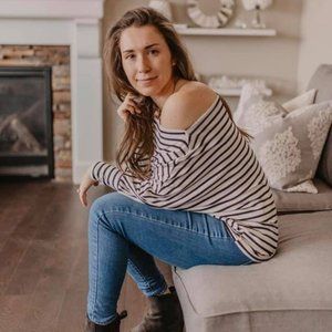 White and black striped off the shoulder top
